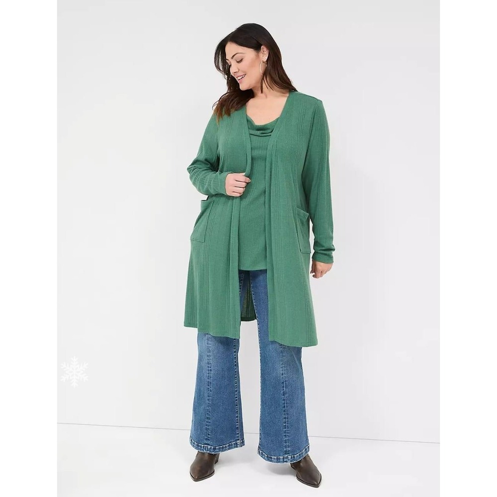 Lane Bryant Green Ribbed Knit Duster‎ Cardigan Long Open Front Plus Size